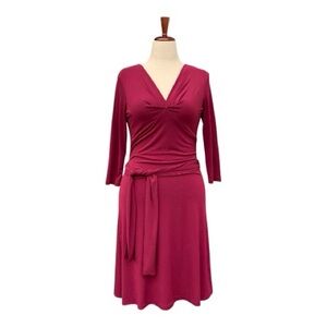 Talbots Burgundy V-Neck Gathered Tie Waist Midi Length Fit in Flare Dress Size 6